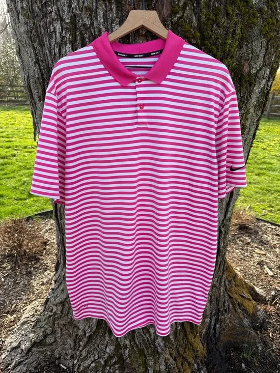 Men's Nike Golf Dri-Fit Victory Stripe Polo Pink and White Size XXL - Picture 1 of 4
